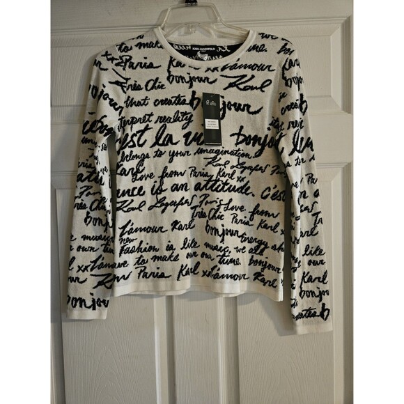 NWT Karl Lagerfeld Paris Women's Soft White All Over Logo Pullover Sweater XS - Picture 1 of 7